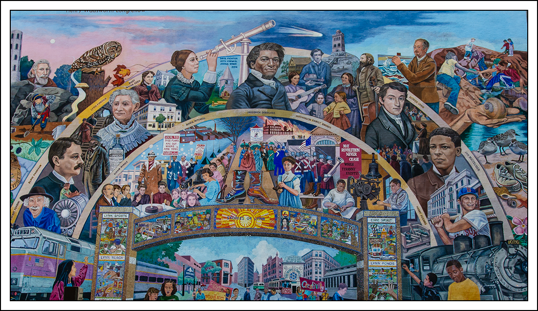 'Stories of Lynn mural', by Halvorson | Tighe & Bond Studio, in Frederick Douglass Park, Lynn, Massachusetts.